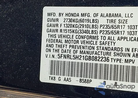 2016 Honda Odyssey Lx z USA, uszkodzony, nr VIN 5FNRL5H21GB082236